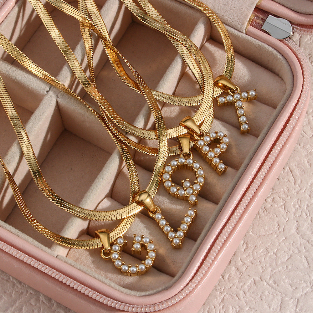 Elegant Letter Pendant Necklace with 18K Gold Plated Snake Chain and Artificial Pearls