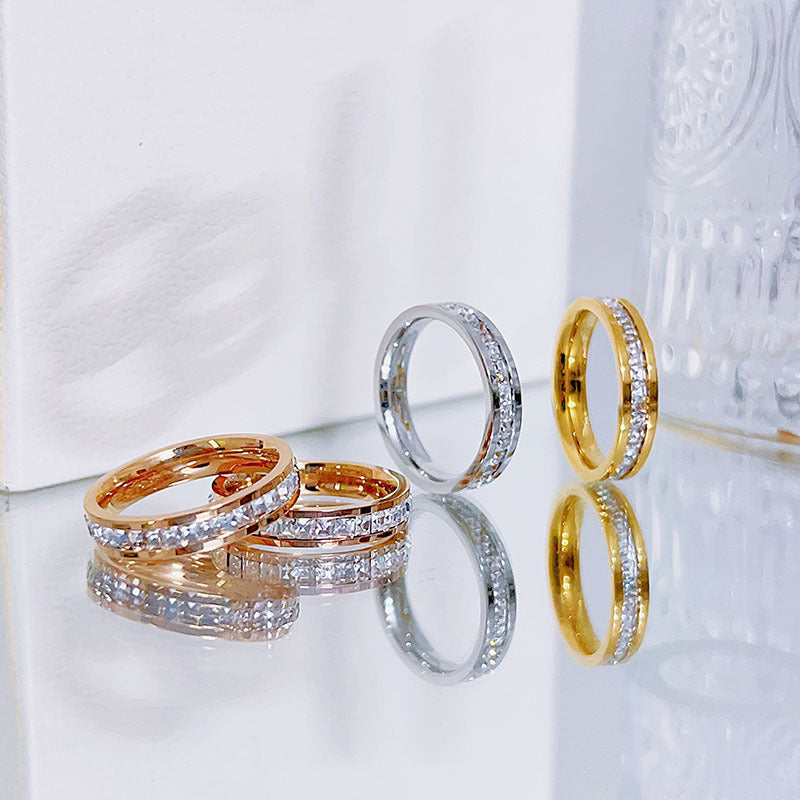 Lady's Minimalist Titanium Steel Rhinestone Ring - Full Pavé Design