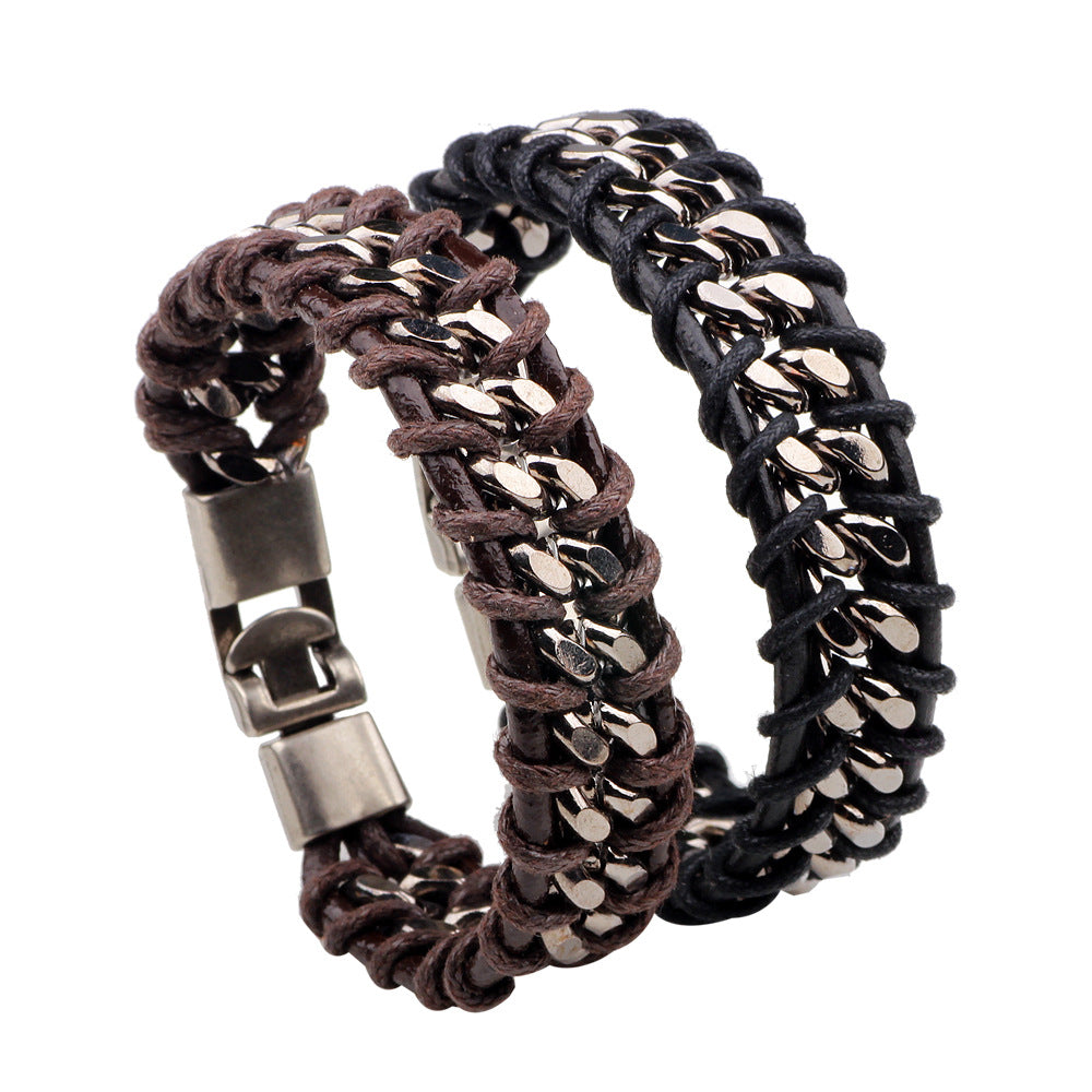 Men's Vintage Leather Alloy Chain Bracelet - Fashion Simple Design