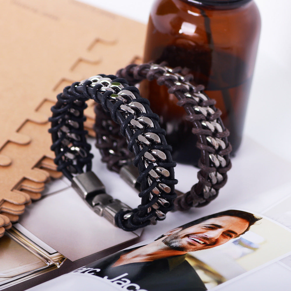 Men's Vintage Leather Alloy Chain Bracelet - Fashion Simple Design