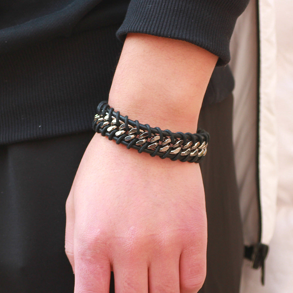 Men's Vintage Leather Alloy Chain Bracelet - Fashion Simple Design