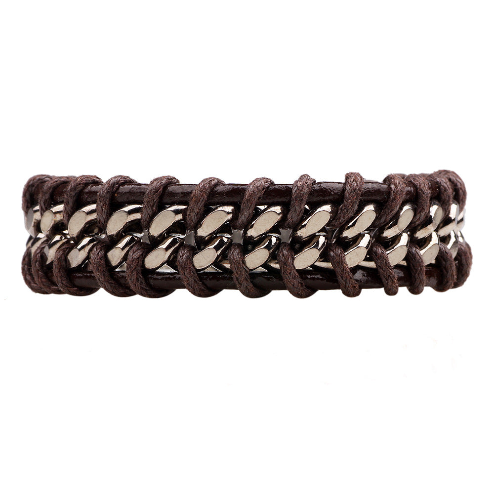 Men's Vintage Leather Alloy Chain Bracelet - Fashion Simple Design