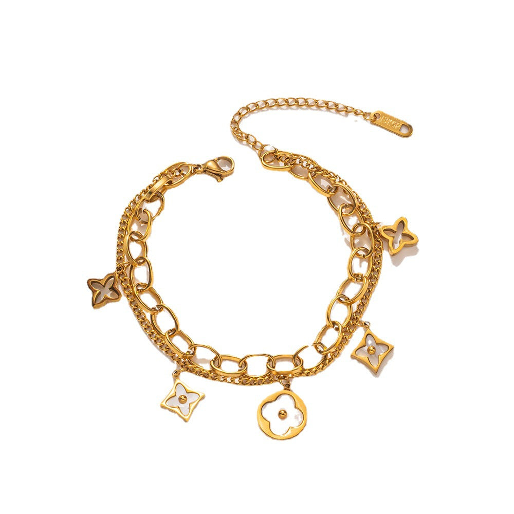 Titanium Steel Letter and Number Pendant Necklace with Four-Leaf Clover Bracelet Set