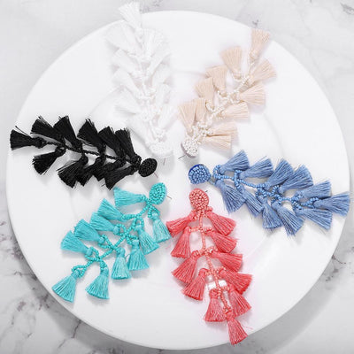 Bohemian Hand-Knitted Rice Beads Fan Tassel Earrings