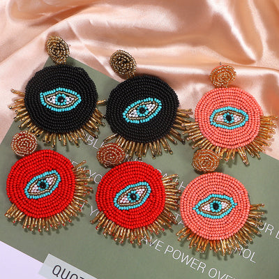 Handmade Bohemian Devil Eye Long Tassel Earrings with Rice Beads