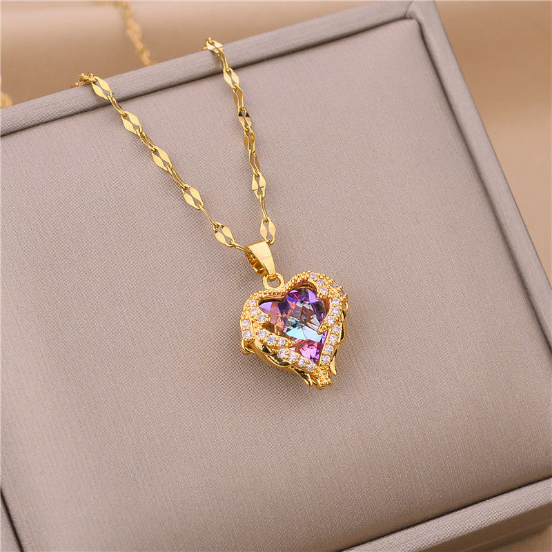 Luxurious Heart Shape Gold Plated Titanium Steel Blue Crystal Pendant Necklace