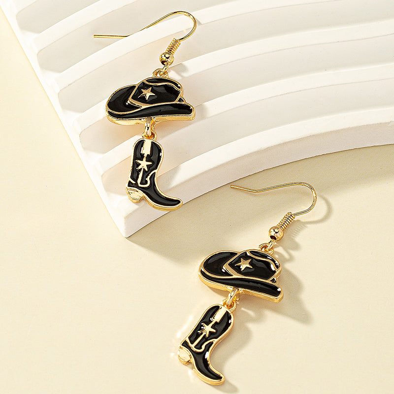 Luxurious Western Star High Heel Gold Plated Cowboy Hat and Boot Drop Earrings