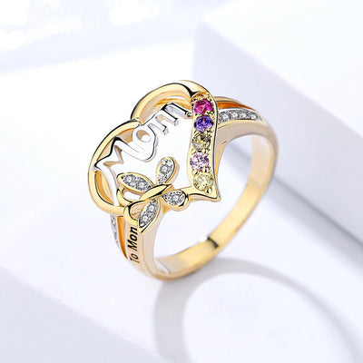 MAMA Heart Shaped Rhinestone Mother's Day Ring with Butterfly Design
