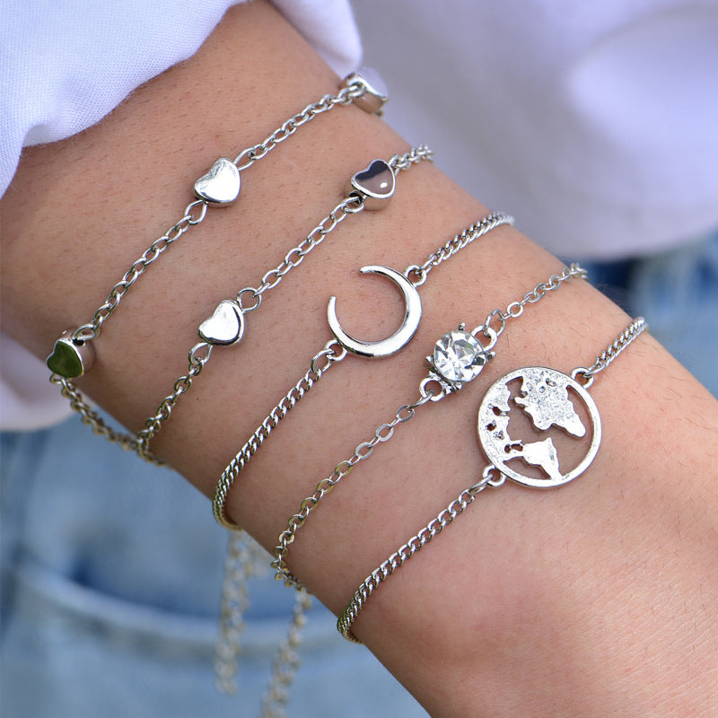 Multi-layer Gold-plated Heart and Moon Bracelet Set for Women