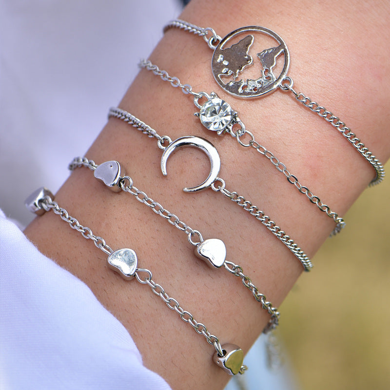 Multi-layer Gold-plated Heart and Moon Bracelet Set for Women