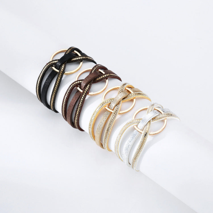 Multilayer Geometric Alloy Circle Magnetic Leather Bracelet for Women
