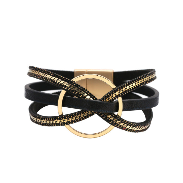Multilayer Geometric Alloy Circle Magnetic Leather Bracelet for Women