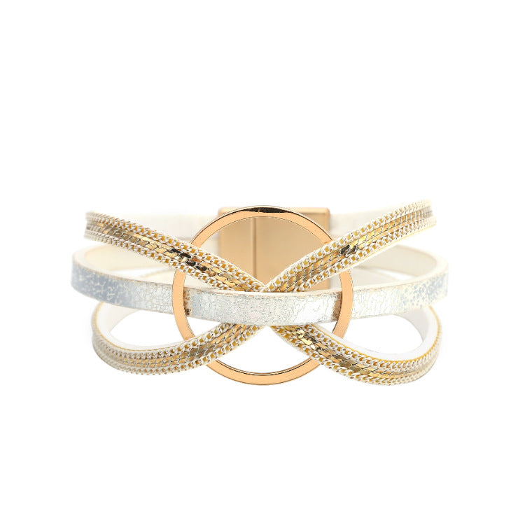 Multilayer Geometric Alloy Circle Magnetic Leather Bracelet for Women