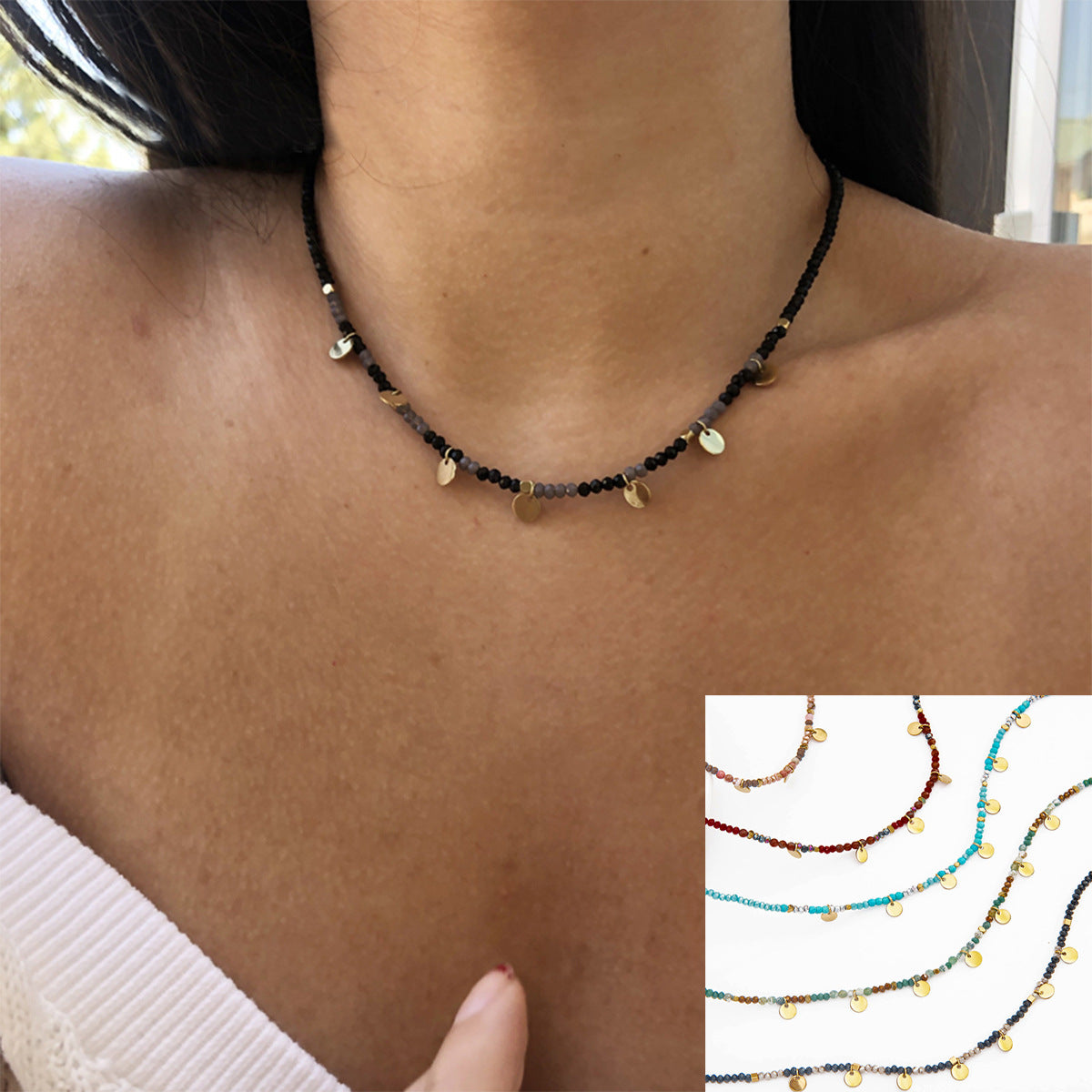 Natural Stone Beaded Stainless Steel Necklace with Colorful Beads and Freshwater Pearl Choker