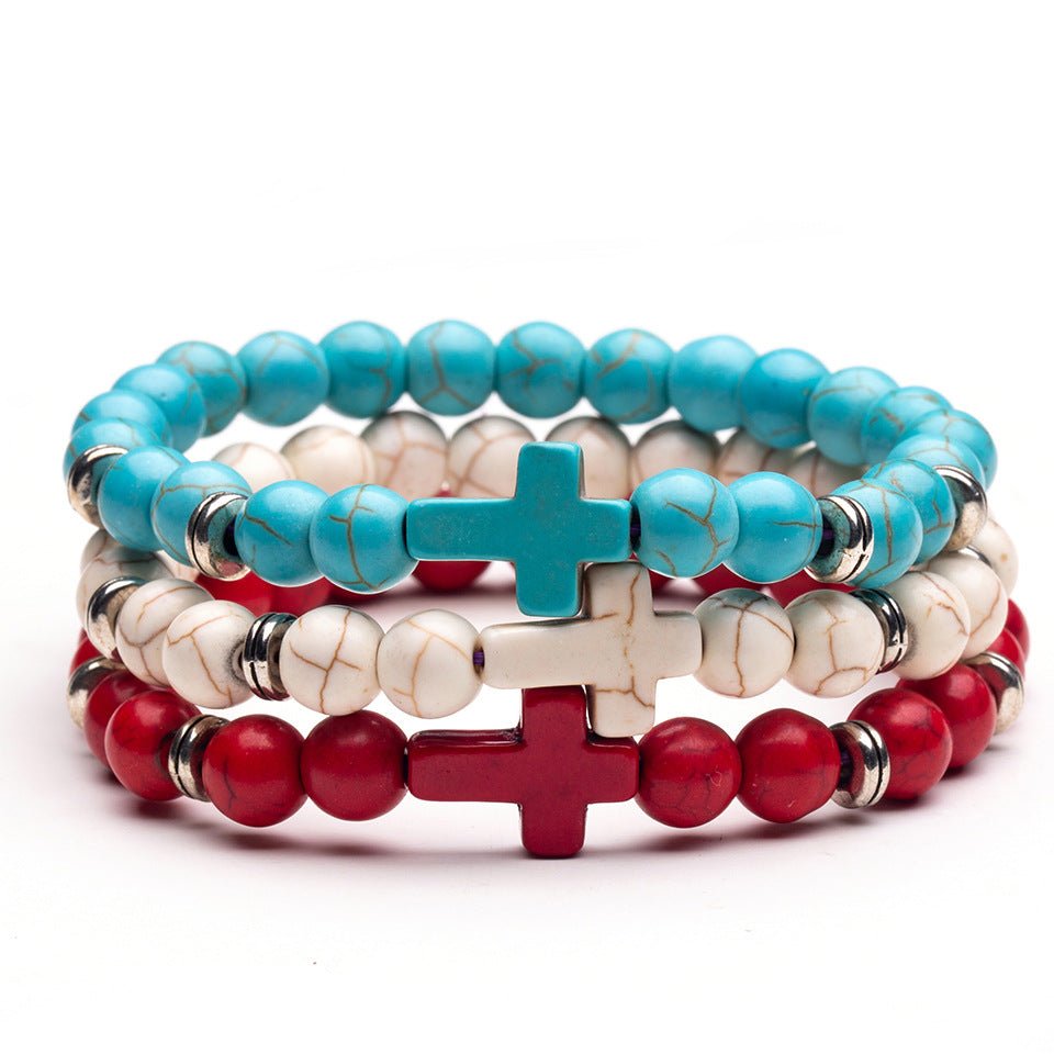 Natural Stone Cross Bead Charm Bracelet 8mm Jewelry