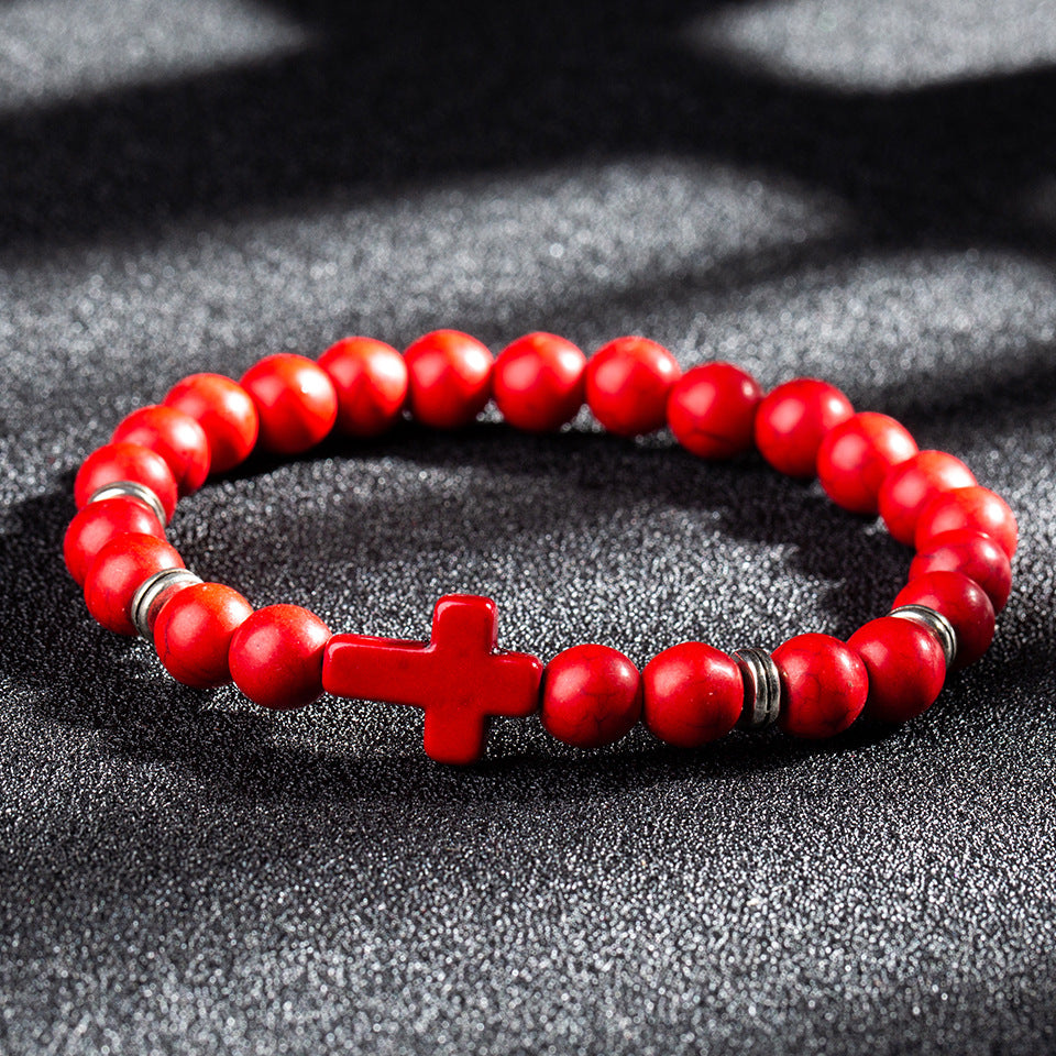 Natural Stone Cross Bead Charm Bracelet 8mm Jewelry