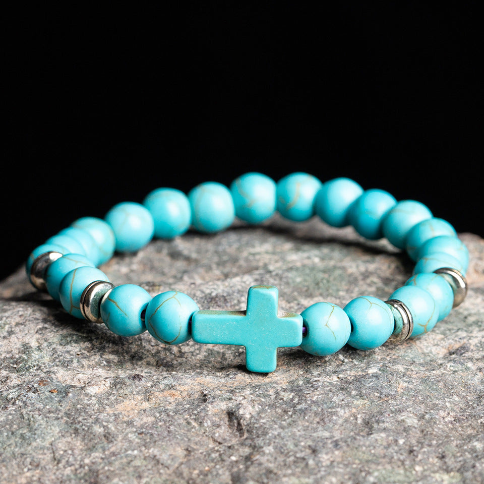 Natural Stone Cross Bead Charm Bracelet 8mm Jewelry