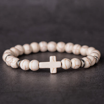 Natural Stone Cross Bead Charm Bracelet 8mm Jewelry