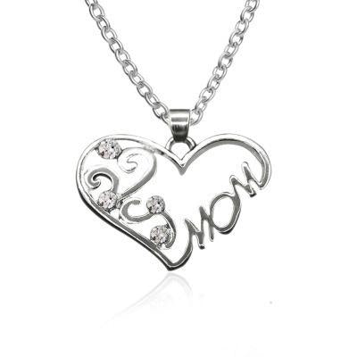 Simple Heart-Shaped Diamond Mom Necklace with English Alphabet for Mother's Day Gift