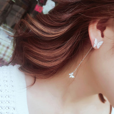 925 Silver Butterfly Tassel Earrings with Rhinestone Chain