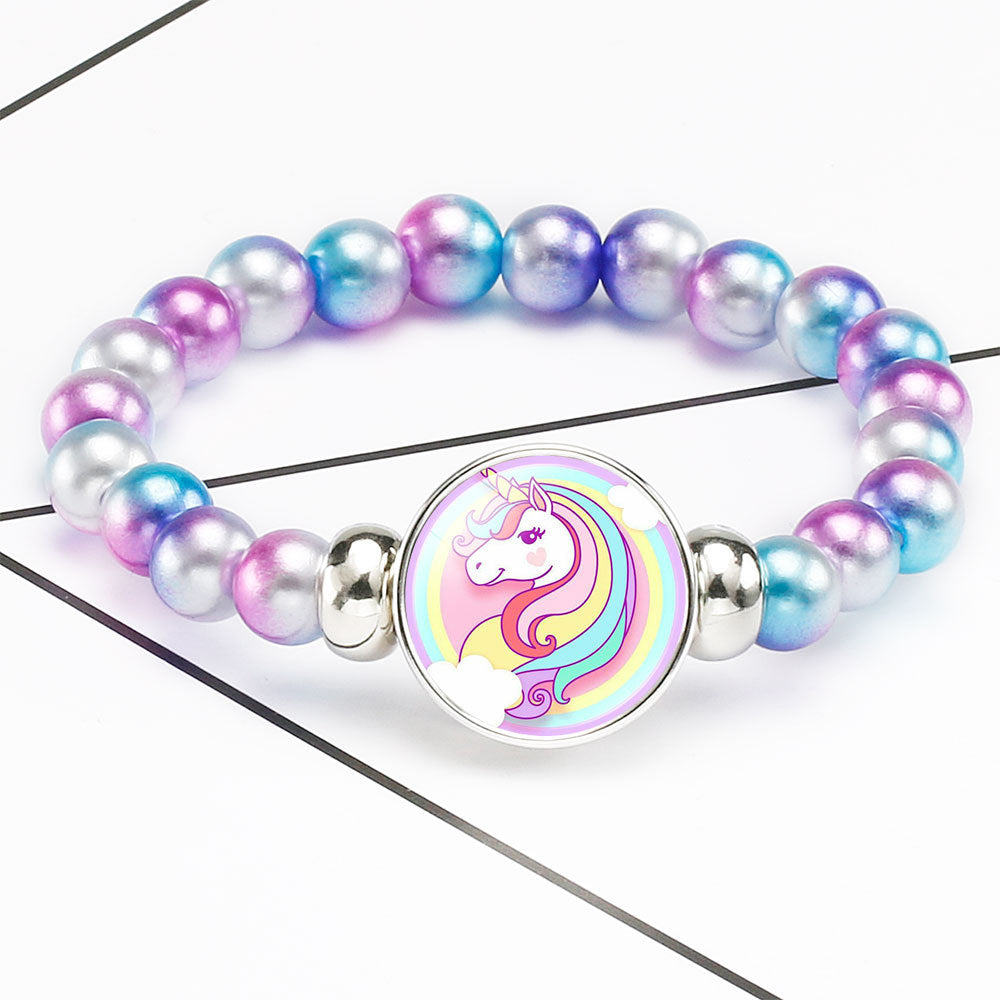 Children's Cartoon Unicorn String Bracelet with Colorful Faux Pearl Noosa Button Accessories