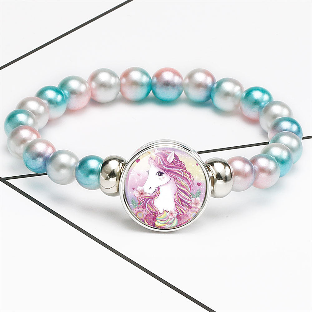 Children's Cartoon Unicorn String Bracelet with Colorful Faux Pearl Noosa Button Accessories