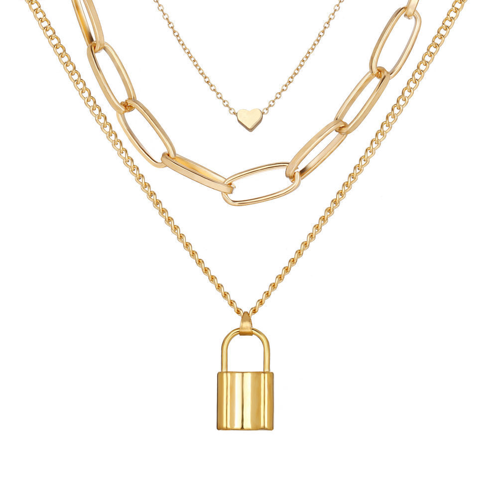 Alloy Heart Lock Multi-Layer Pendant Necklace - Minimalist Retro Design