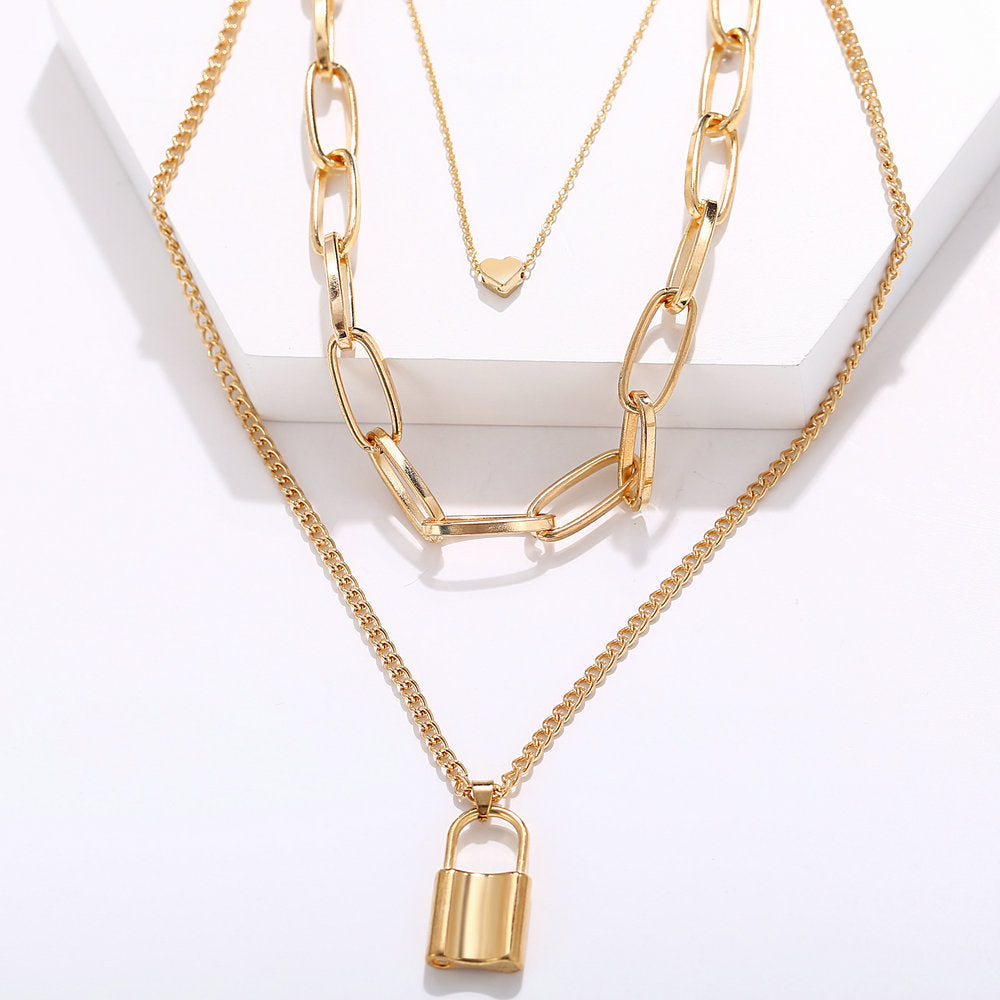 Alloy Heart Lock Multi-Layer Pendant Necklace - Minimalist Retro Design