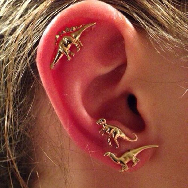 Dinosaur Animal Ear Cuff Clip Earrings in Silver and Gold