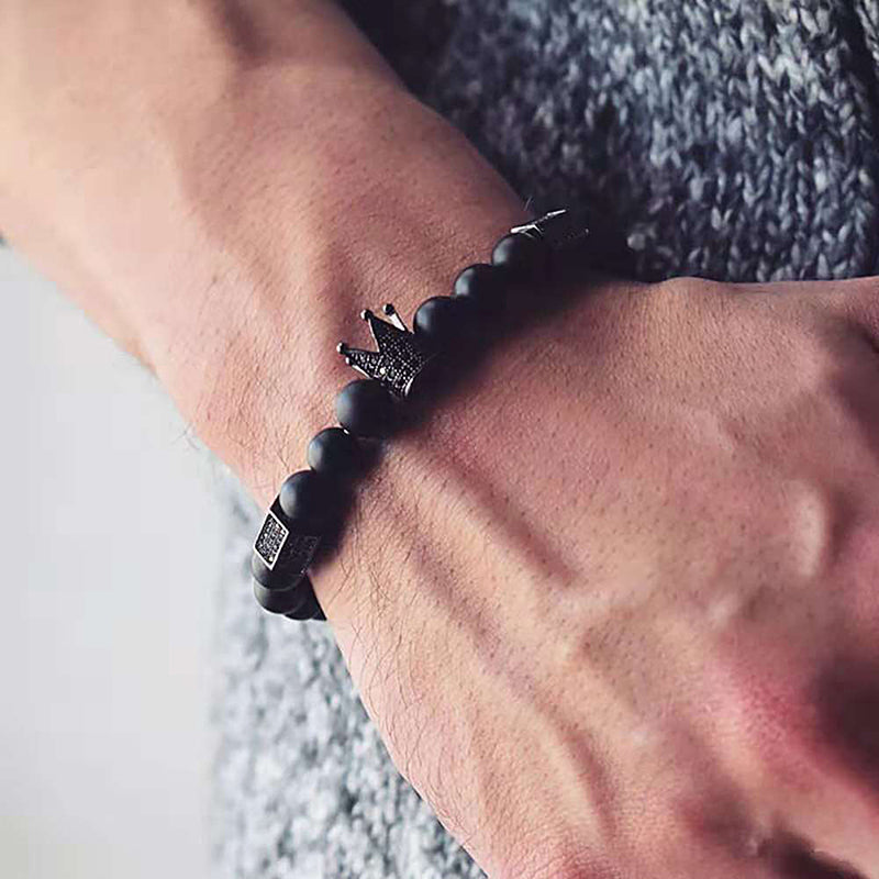 New Arrival Handmade Black Beaded Men's Crown and Skull Bracelet Set