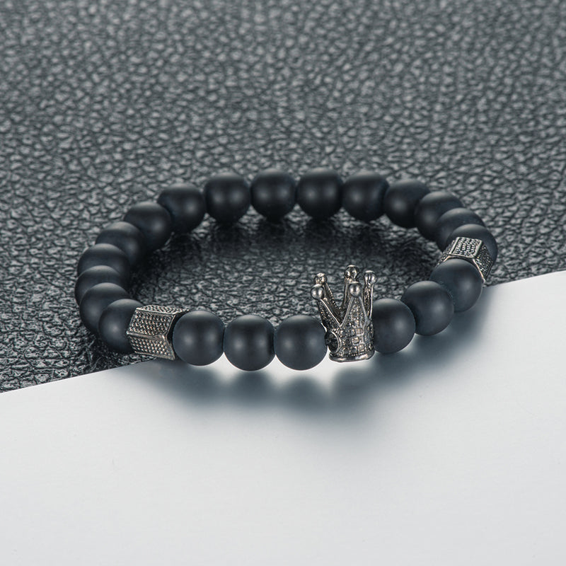 New Arrival Handmade Black Beaded Men's Crown and Skull Bracelet Set