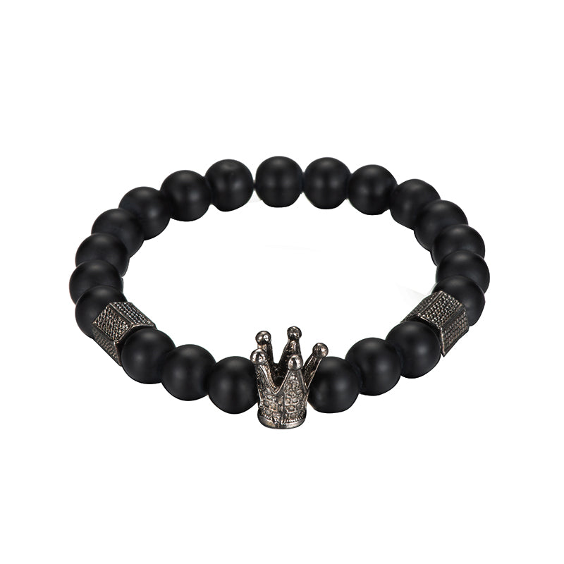 New Arrival Handmade Black Beaded Men's Crown and Skull Bracelet Set