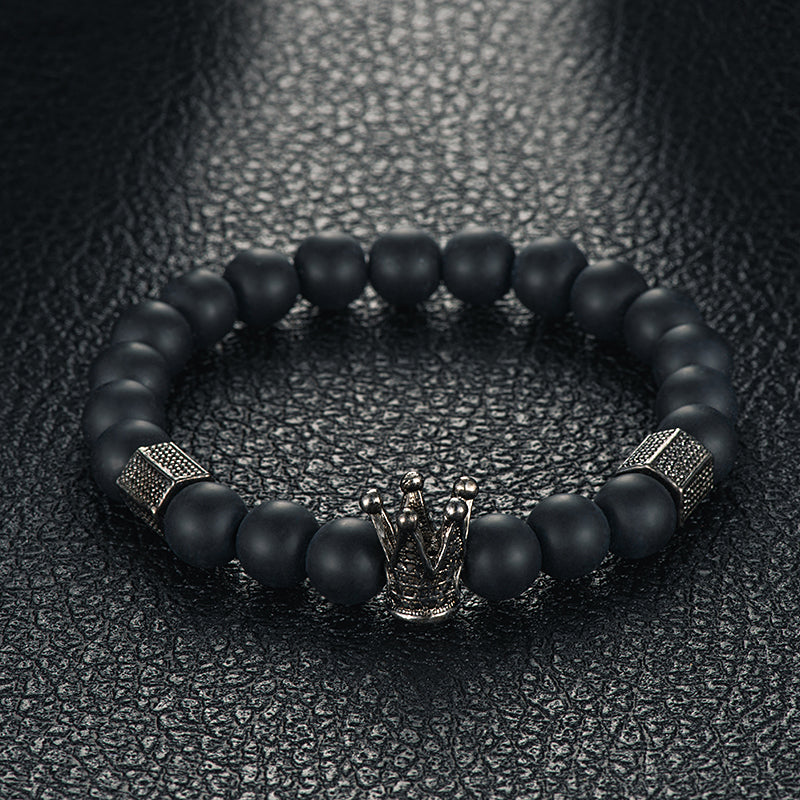New Arrival Handmade Black Beaded Men's Crown and Skull Bracelet Set