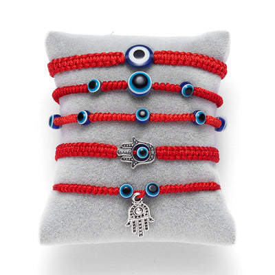 Blue Evil Eye Red Rope Braided Adjustable Bracelet with Hand Charm