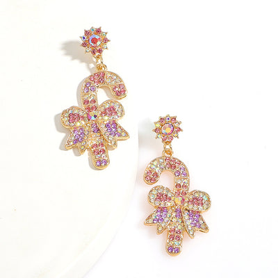 New Christmas Rhinestone Scepter Bow Earrings with Candy Cane Charm