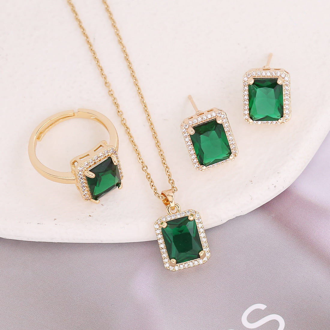 Copper Micro-inlaid Zircon Square Emerald Pendant Necklace and Earrings Set