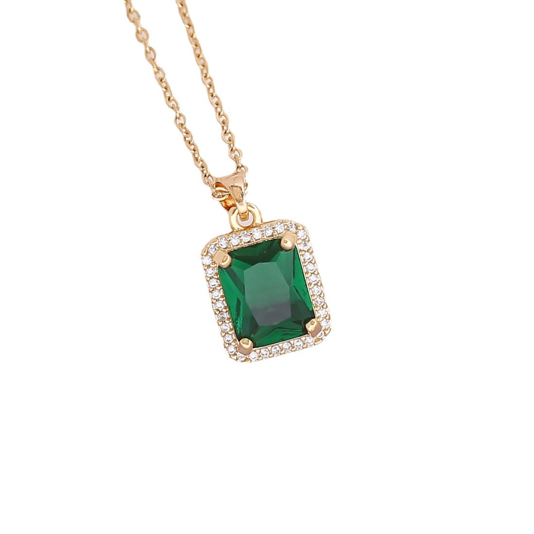Copper Micro-inlaid Zircon Square Emerald Pendant Necklace and Earrings Set