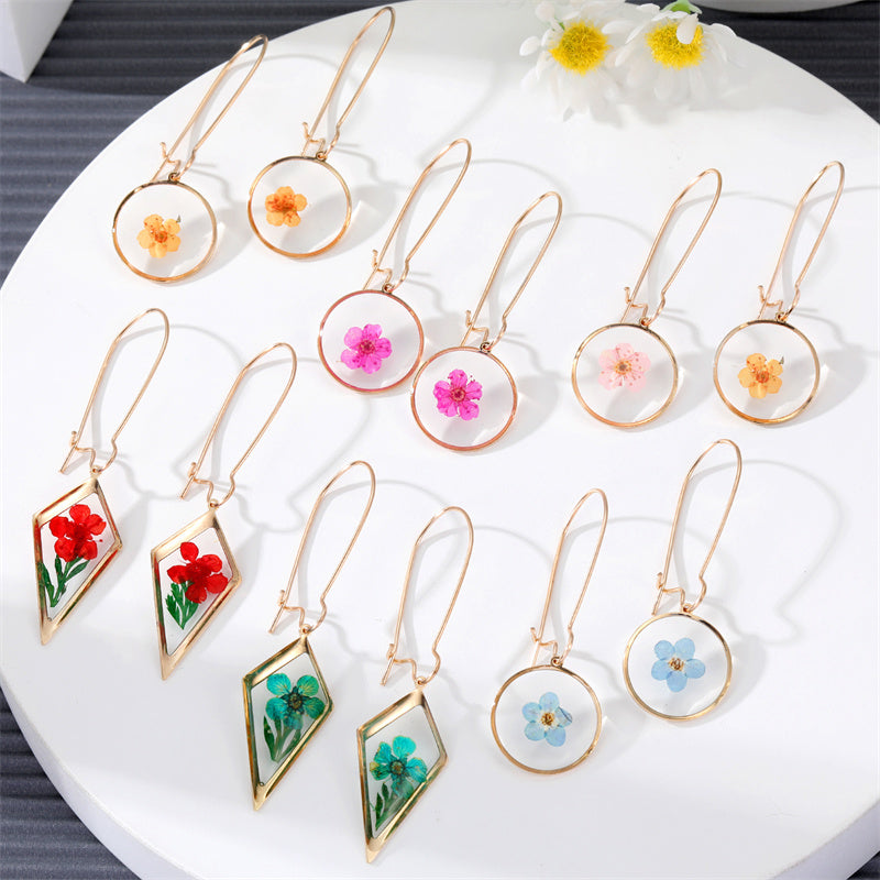New Creative Geometric Dried Flower Epoxy Pendant Earrings