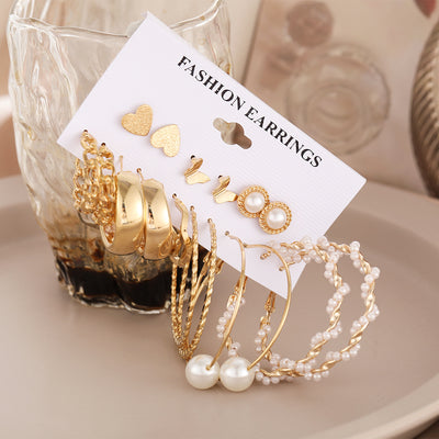 Creative Pearl Butterfly Hoop Earring Set - 9 Pairs