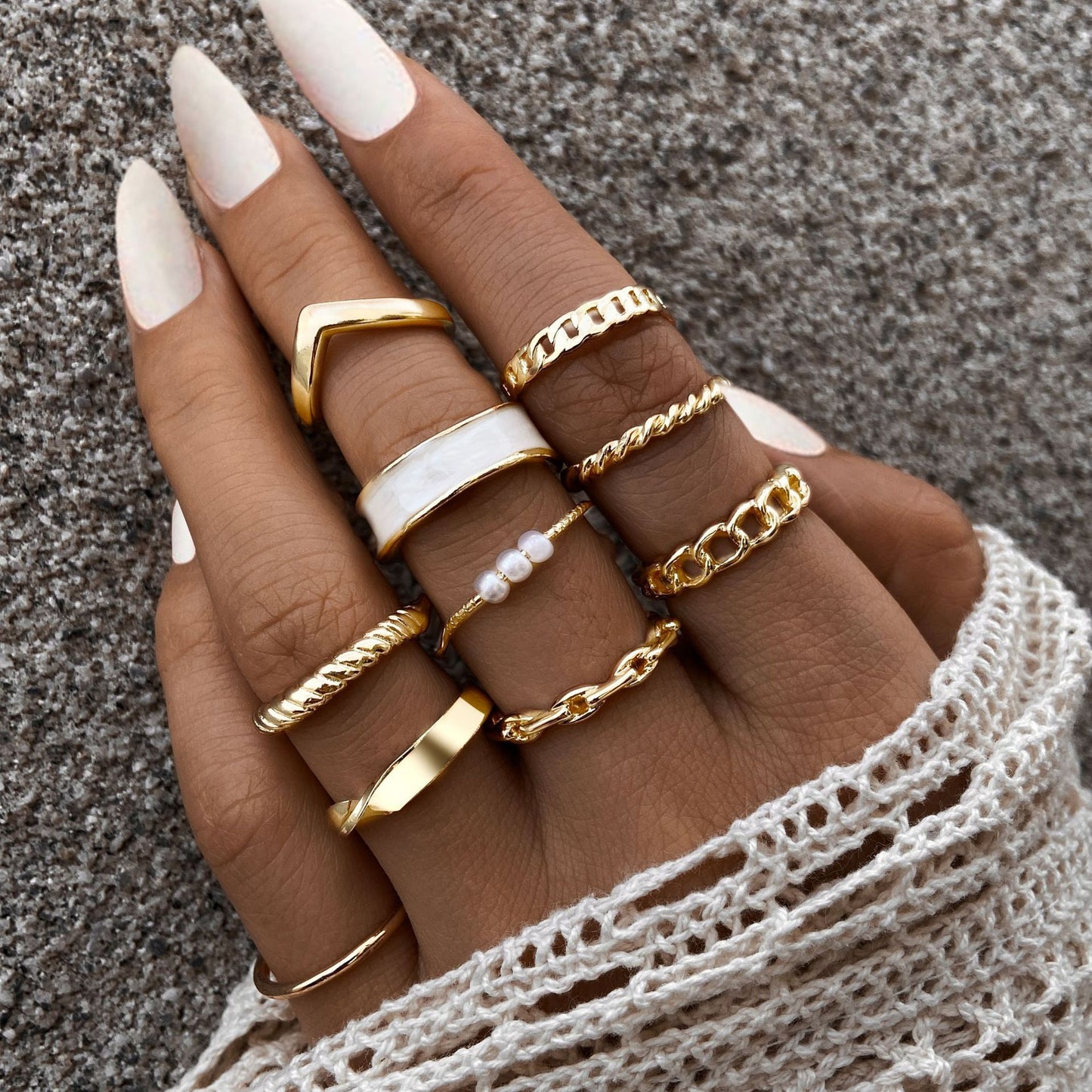 Elegant Pearl & Metal Twist Ring Set - 10 Pieces