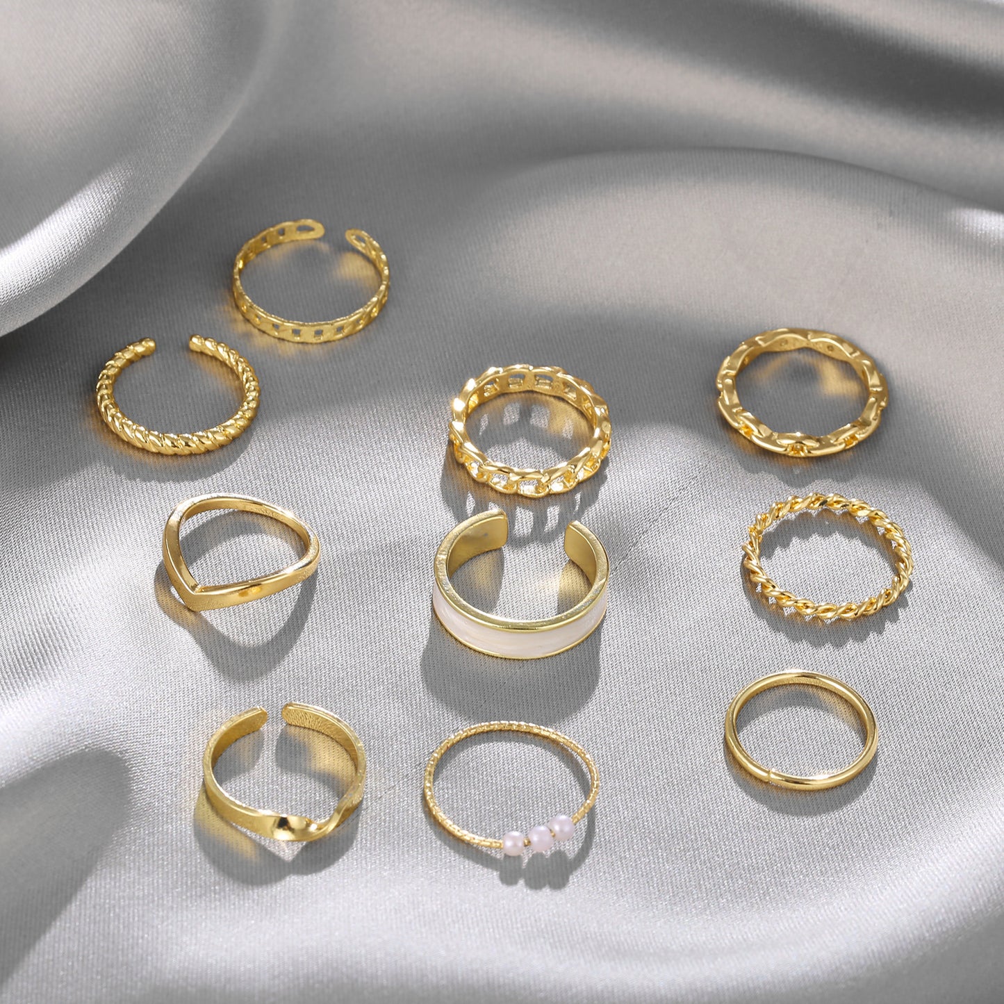 Elegant Pearl & Metal Twist Ring Set - 10 Pieces