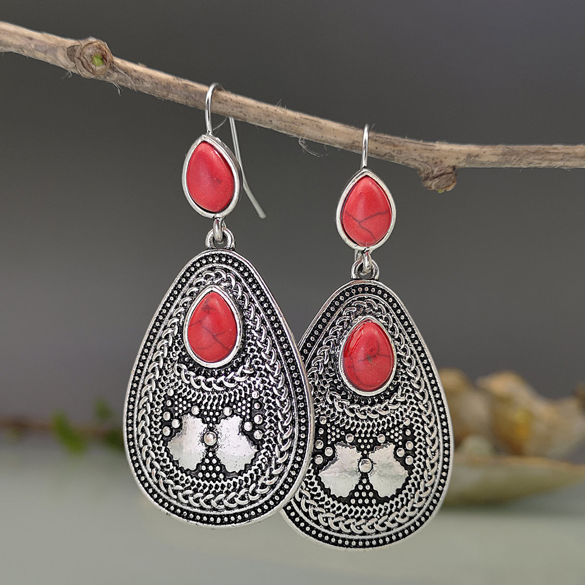 European American Ethnic Style Red and Blue Gem Statement Earrings