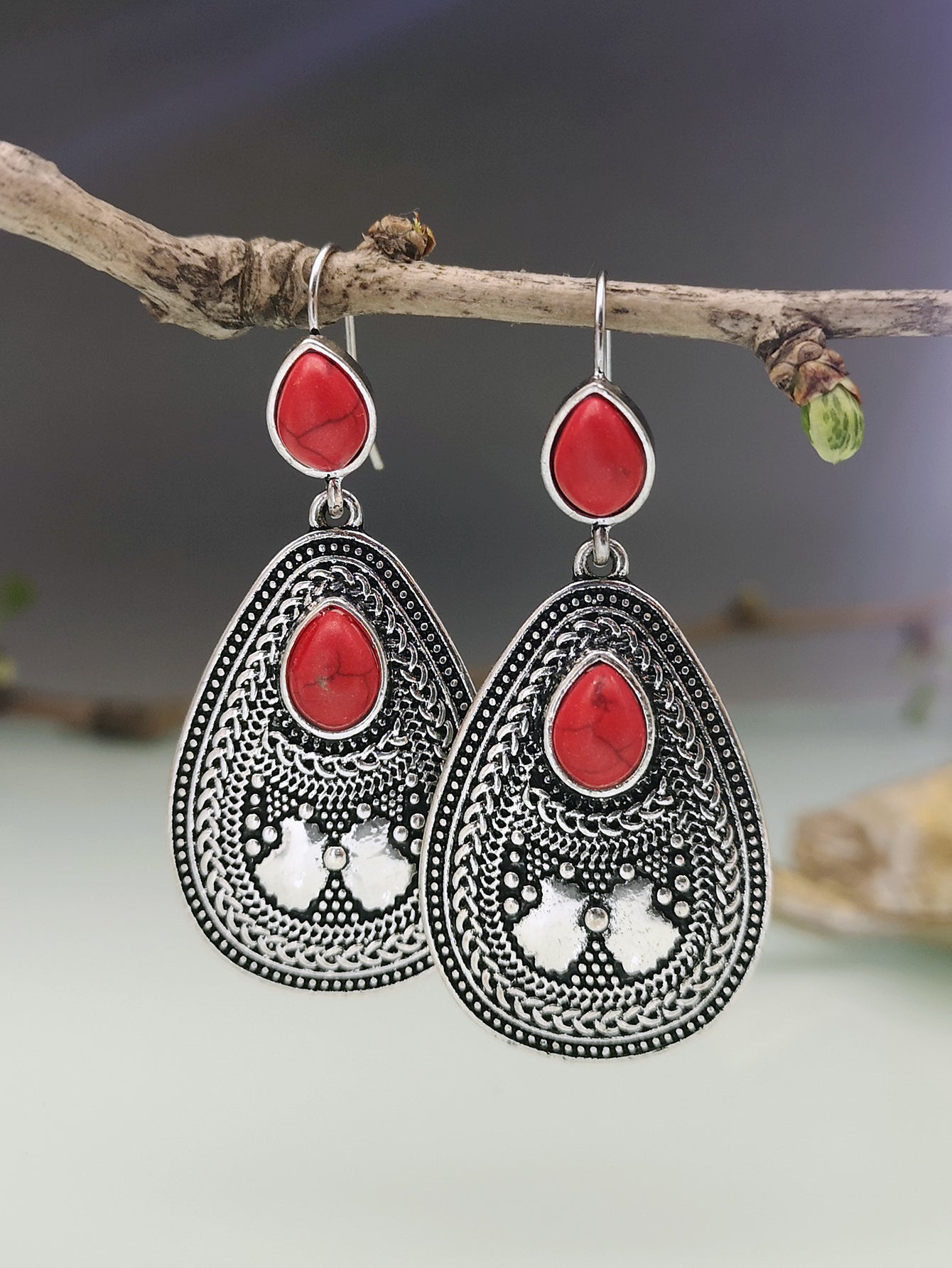 European American Ethnic Style Red and Blue Gem Statement Earrings