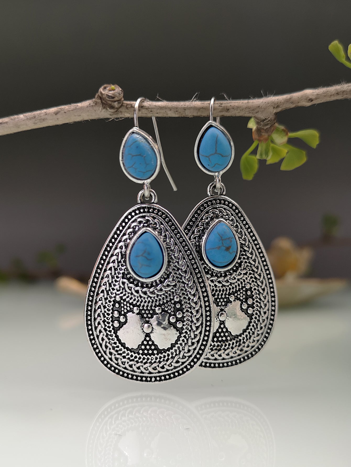 European American Ethnic Style Red and Blue Gem Statement Earrings