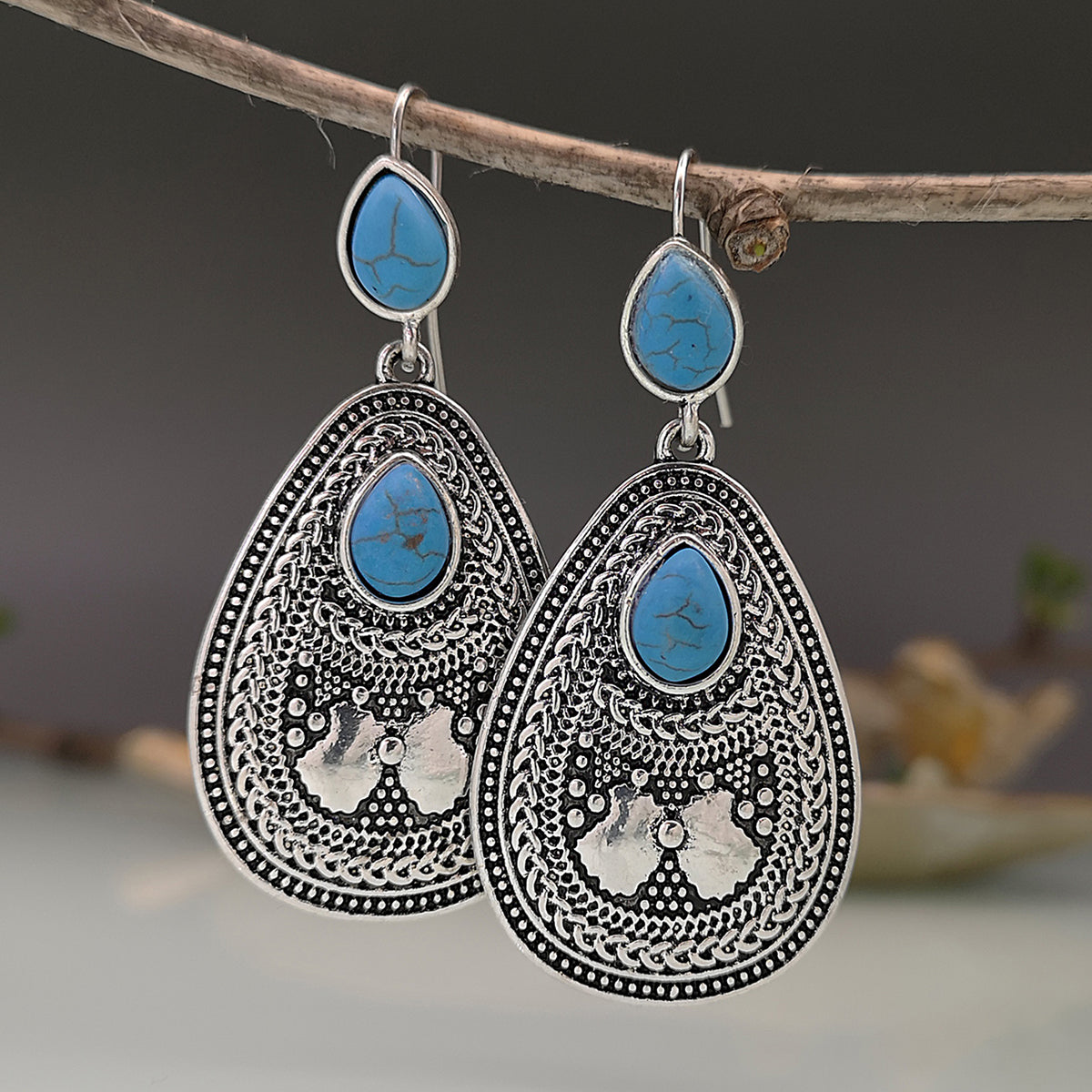 European American Ethnic Style Red and Blue Gem Statement Earrings