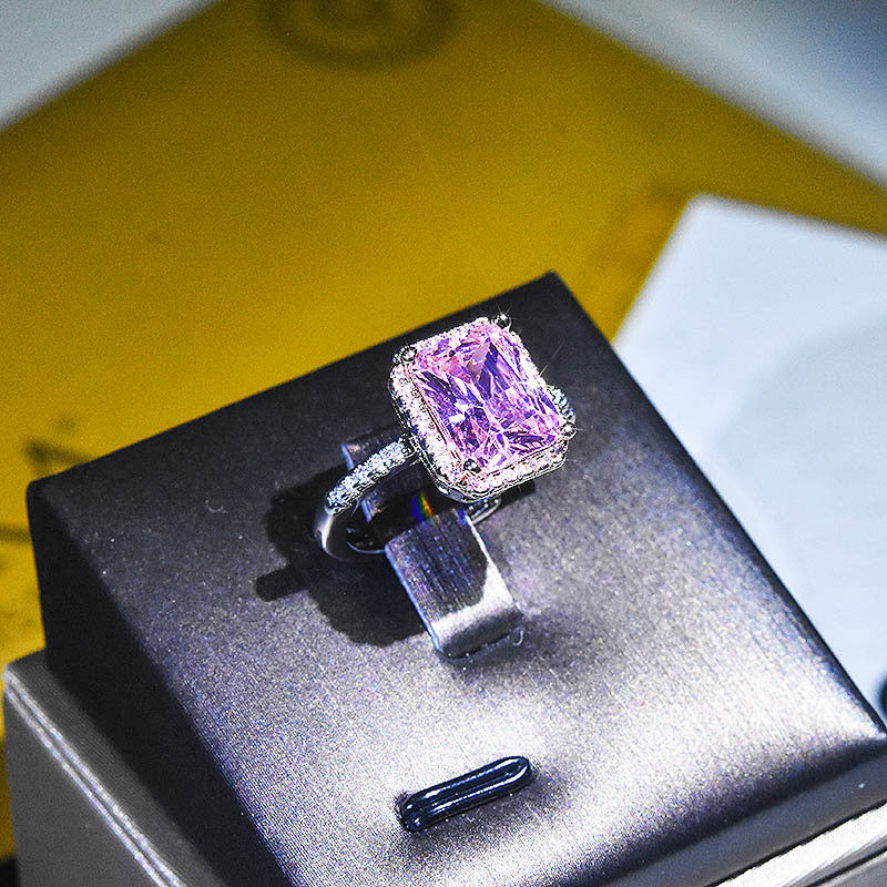 European American Luxury Yellow Diamond Two-Tone Princess Square Pink Crystal Engagement Ring for Women