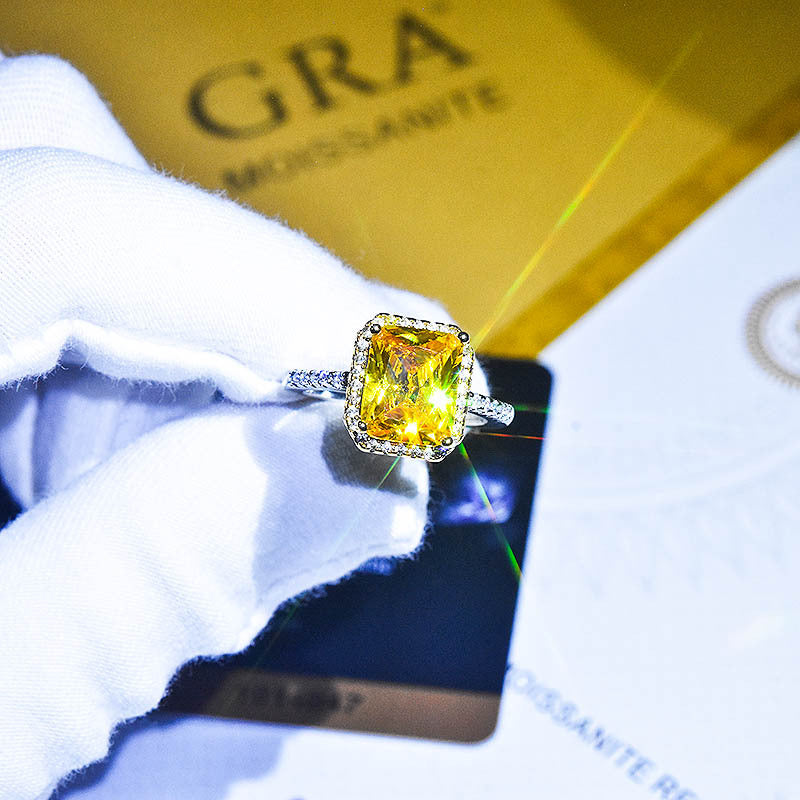 European American Luxury Yellow Diamond Two-Tone Princess Square Pink Crystal Engagement Ring for Women