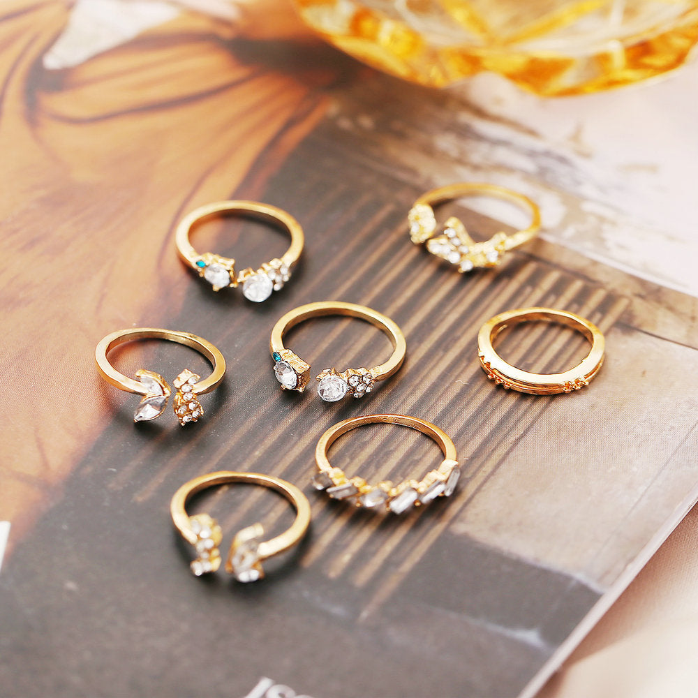 New Fashion Retro Crystal & Coin Charm Ring Set - 22 Pieces