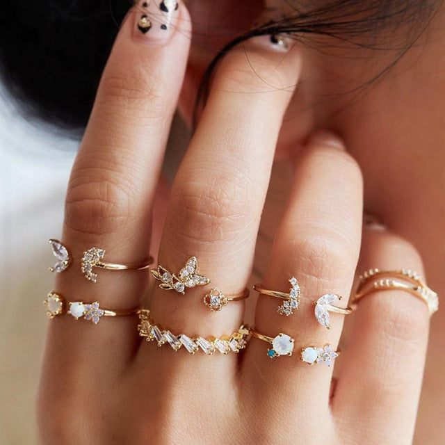 New Fashion Retro Crystal & Coin Charm Ring Set - 22 Pieces