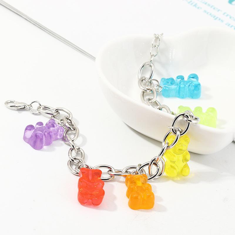 Candy Color Bear Pendant Silver Chain Bracelet for Women